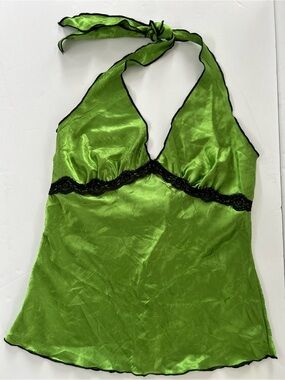 Halo Lime Green Halter Chemise with Black Lace Trim